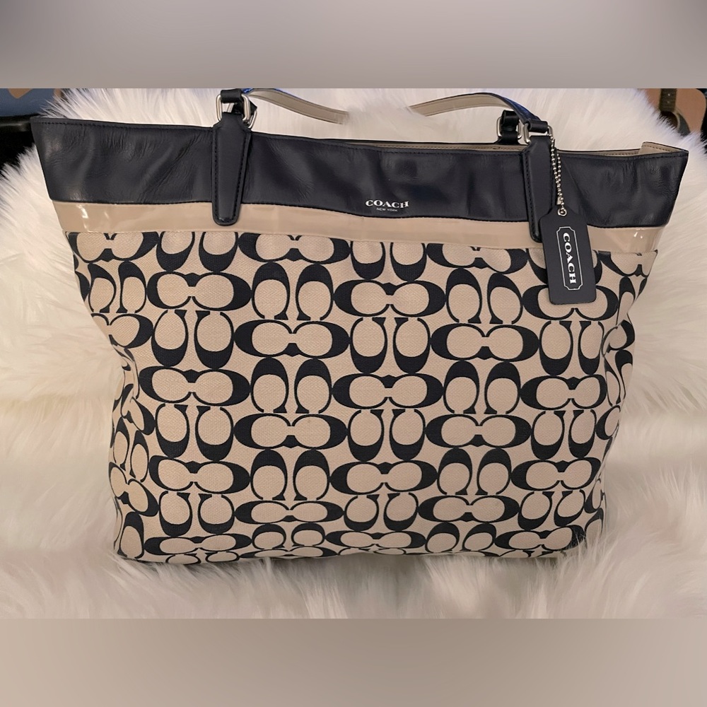 Coach Canvas Signature C City Tote with Navy Blue Leather and Tan Patent - 422.
